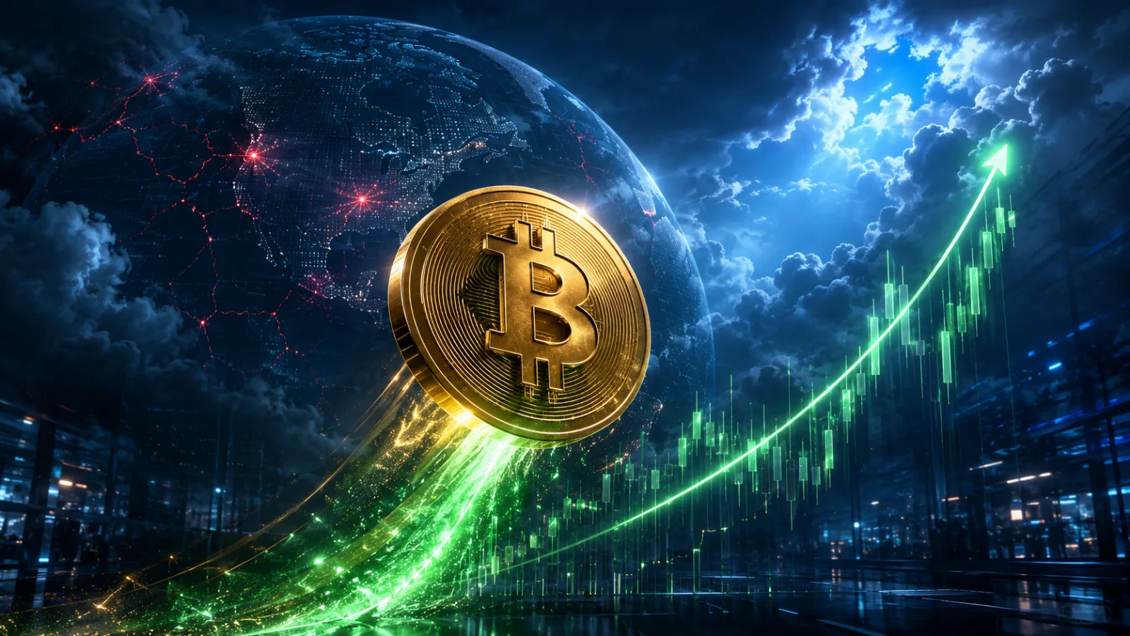 Bitcoin rises with a green market chart as geopolitical tensions begin to ease worldwide.