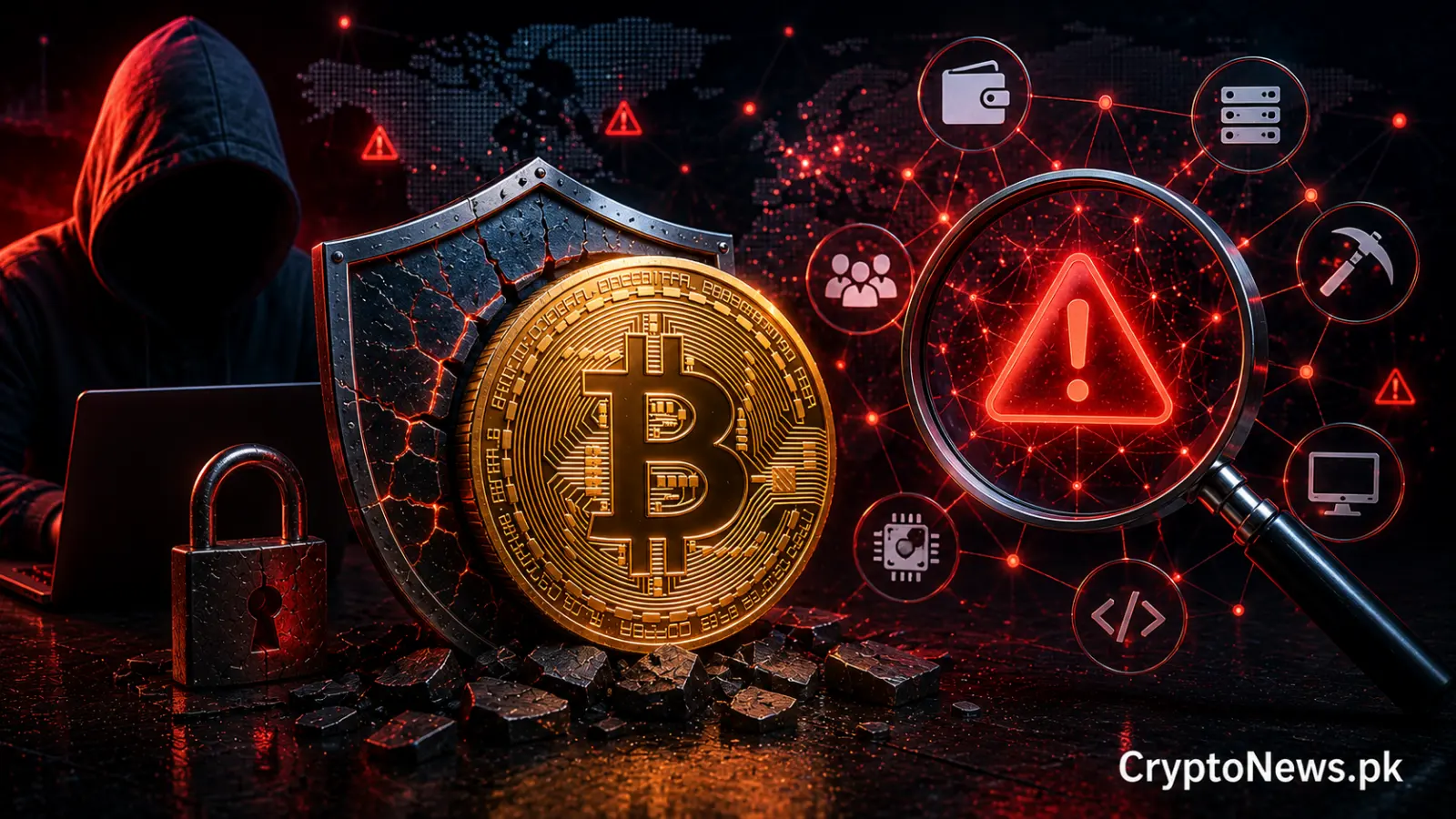 Bitcoin سیکیورٹی آڈٹ کا منظر جس میں ٹوٹی ہوئی ڈیجیٹل ڈھال اور کمزور کوڈ کے ذریعے سیکیورٹی نقائص دکھائے گئے ہیں