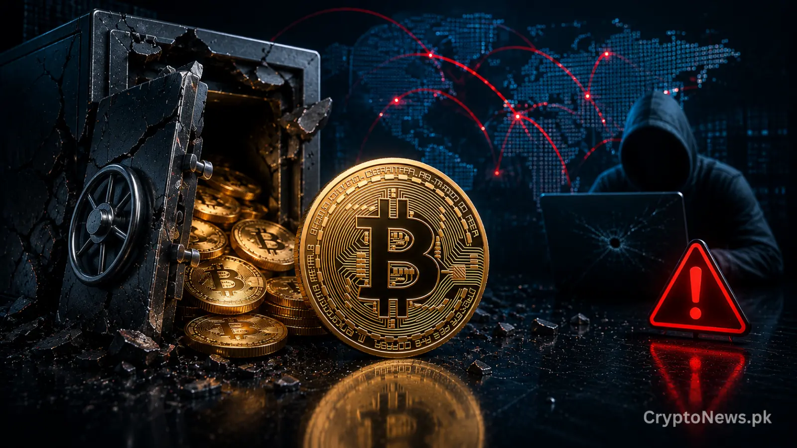Gold Bitcoin coin beside a shattered cold-storage vault and cyberattack warning, illustrating a major cryptocurrency security exploit.