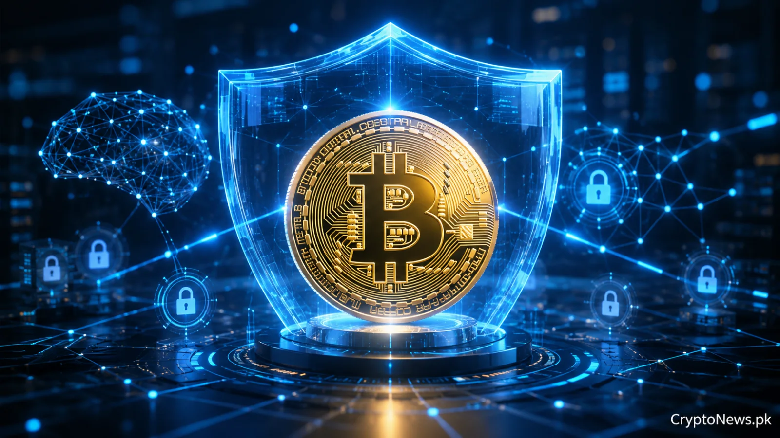 A gold Bitcoin coin protected by a glowing digital shield, surrounded by AI network nodes and security locks, illustrating developers defending Bitcoin against emerging AI-driven cyber threats.