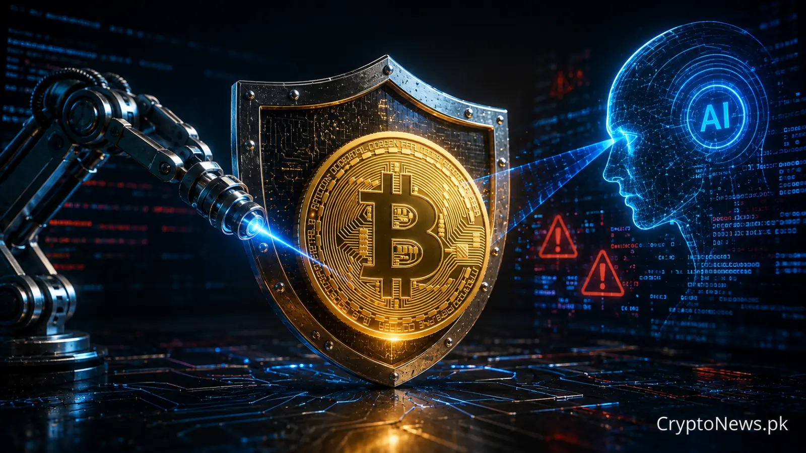 A Bitcoin hardware wallet protected by a cracked digital shield as AI scans reveal hidden security vulnerabilities.