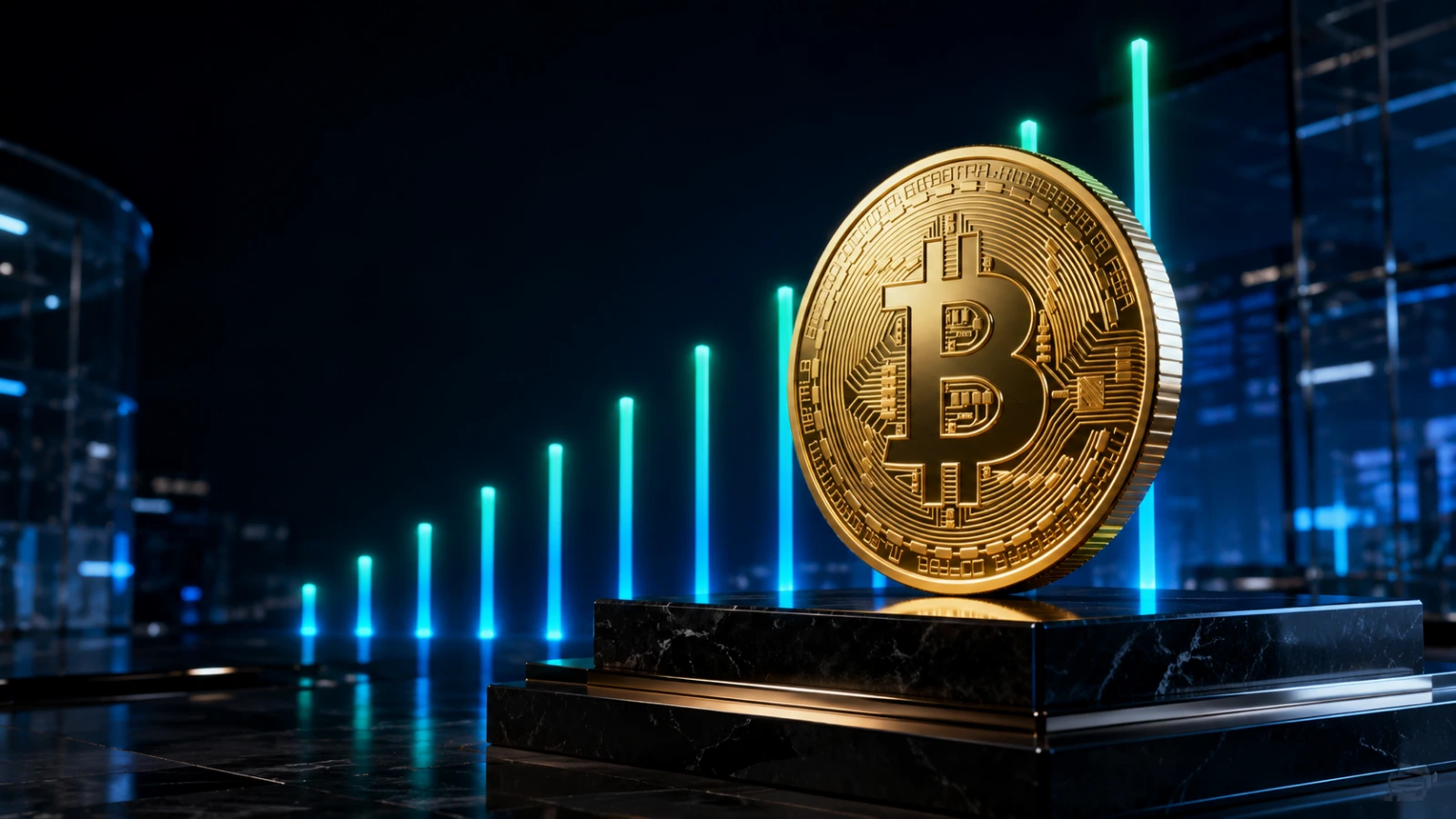 Golden Bitcoin coin with rising institutional inflow bars representing a nine-day spot ETF inflow streak.