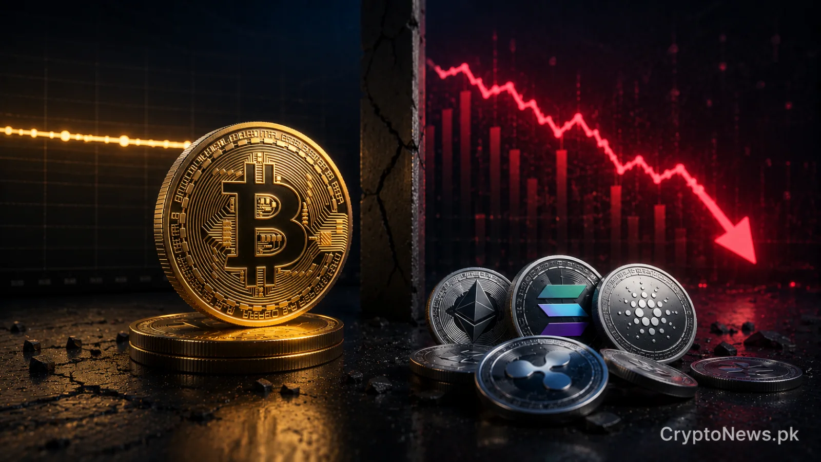 Stable gold Bitcoin coin beside subdued altcoin tokens and a flat market chart, symbolizing cautious sentiment and the absence of a broader crypto rally.