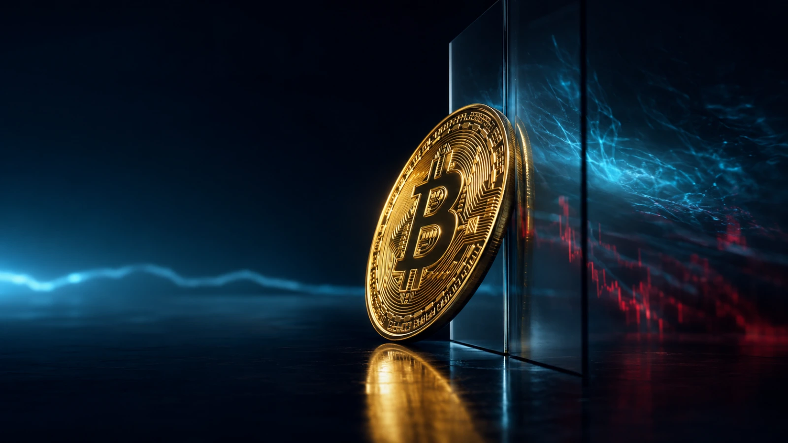 Gold Bitcoin coin pressing against a glass resistance barrier amid global market volatility.