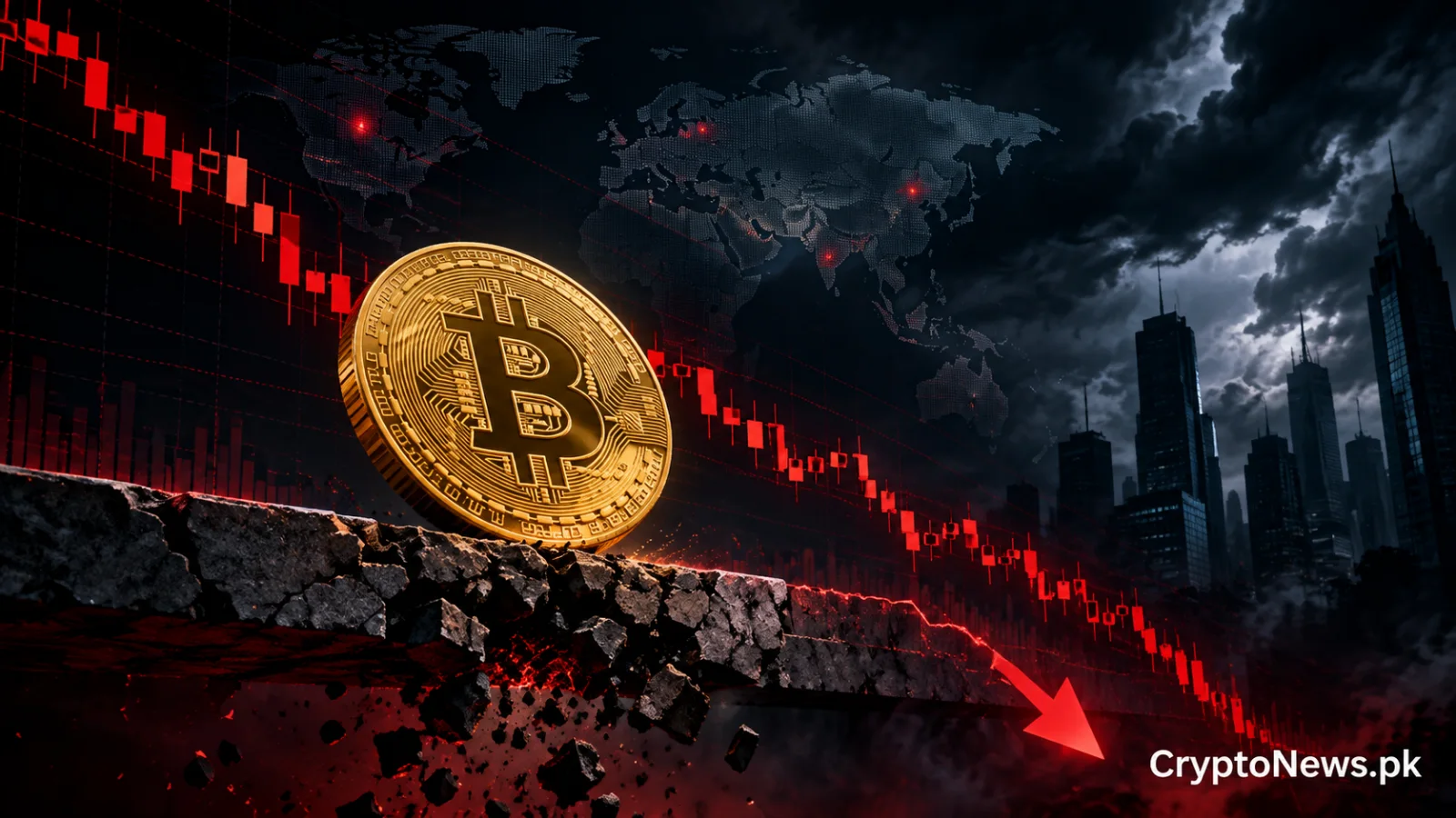 Golden Bitcoin on a crumbling market ledge with falling red candlestick charts and a stormy global backdrop, illustrating bearish pressure amid inflation and economic uncertainty.
