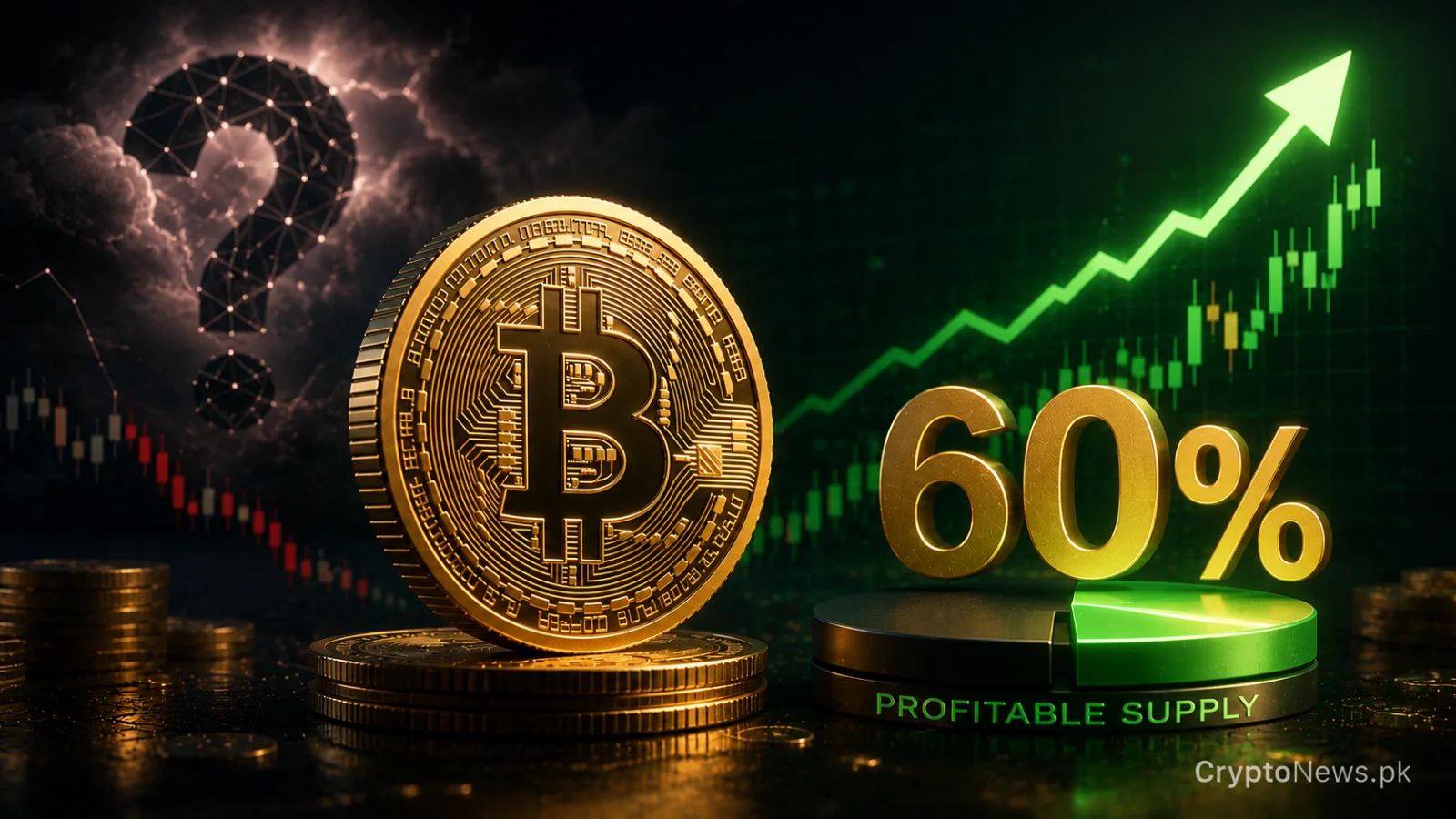 Bitcoin beside a rising profitability gauge and caution signal amid uncertain market conditions.
