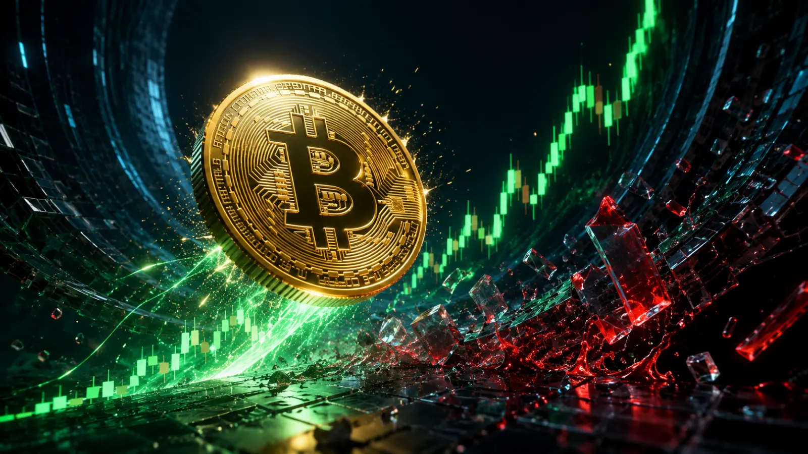 Bitcoin surges through an upward market chart as a wave of short liquidations fuels volatility.