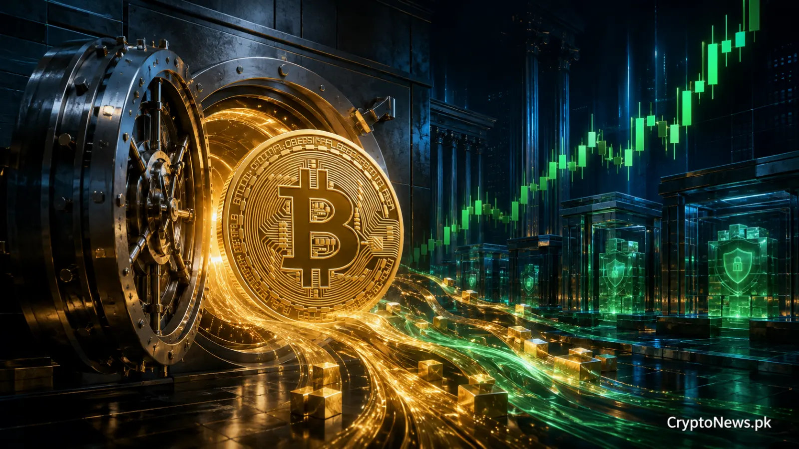 Golden Bitcoin emerges from an institutional vault as sustained capital flows drive a strong market rally.