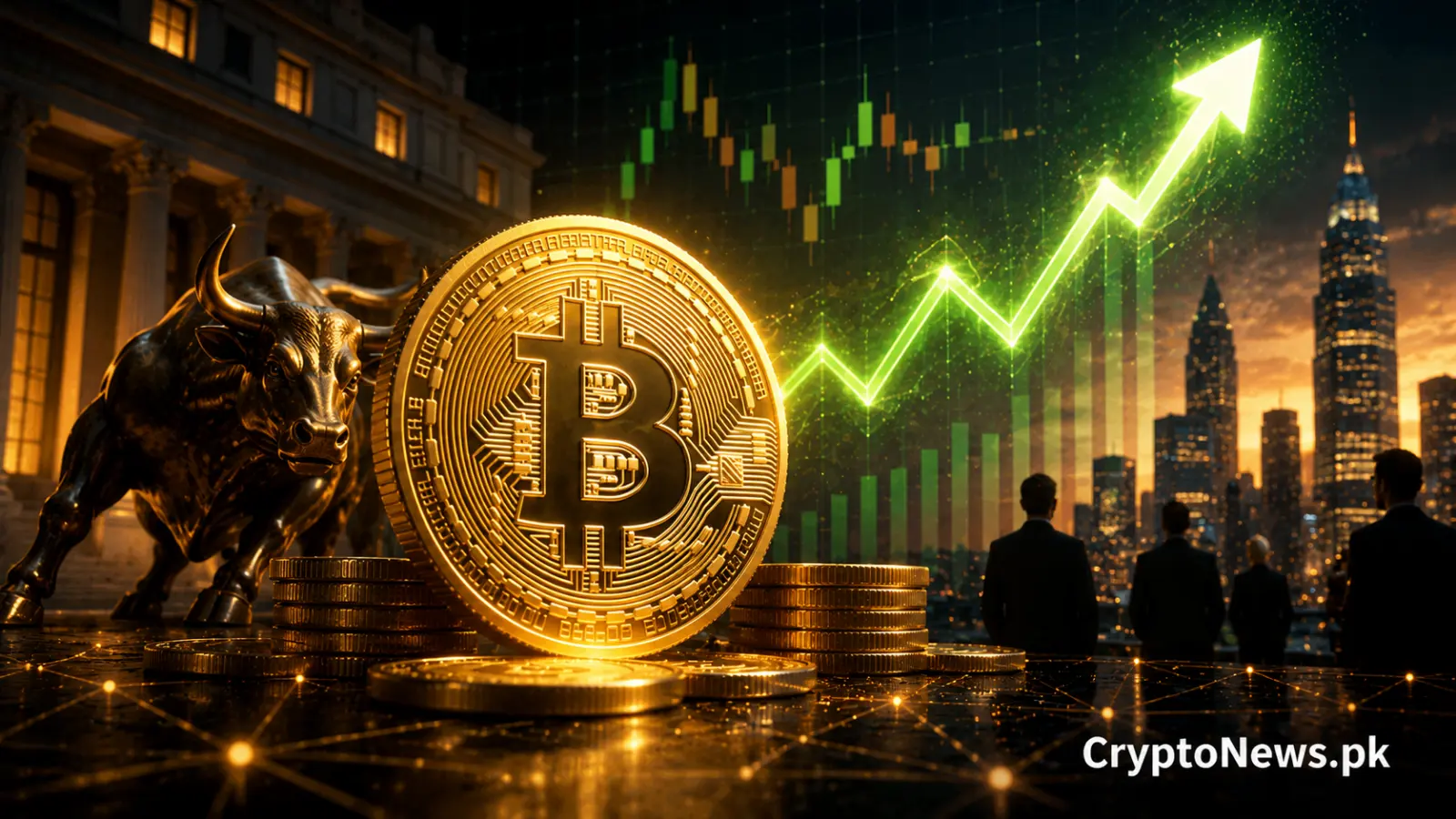Bitcoin surging toward $69,000 with a bullish market chart and institutional finance backdrop, reflecting growing adoption and strong market momentum