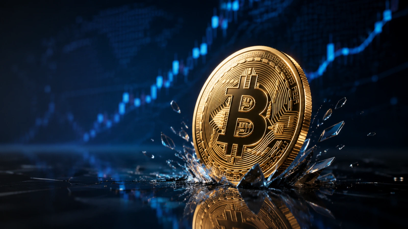 Golden Bitcoin breaking upward amid glowing global market charts.