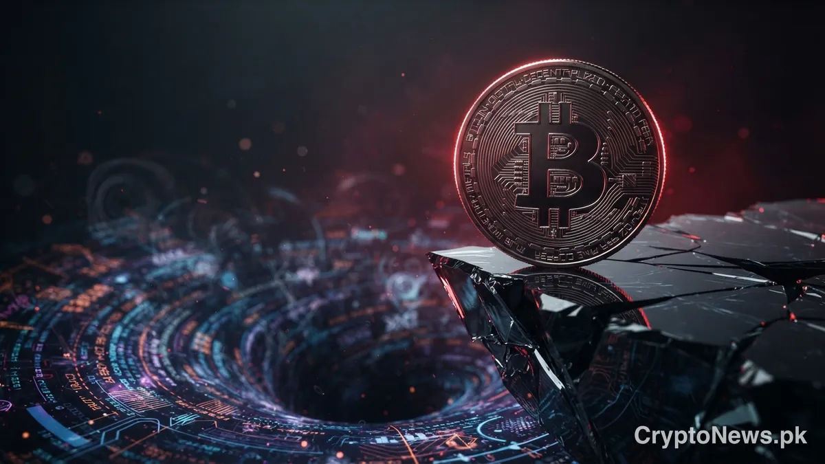 A metallic Bitcoin coin balances on a jagged glass cliff above a swirling digital abyss.