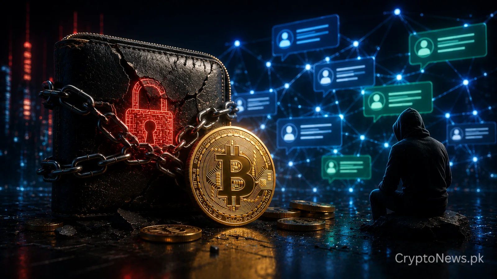Bitcoin wallet surrounded by glowing blockchain message nodes, illustrating victims leaving permanent on-chain notes in a wallet holding stolen funds.