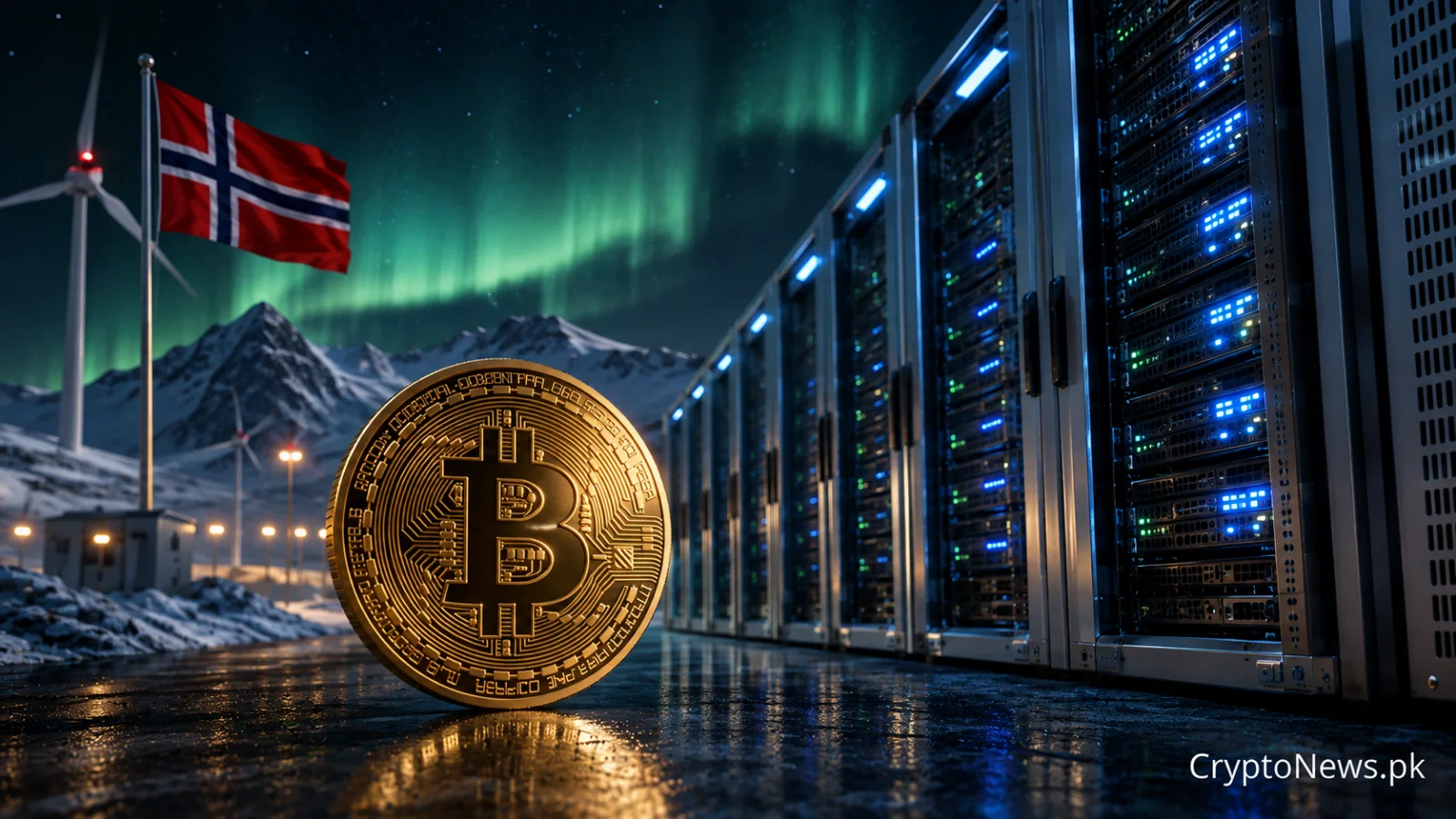 Bitcoin coin beside illuminated AI server racks in Norway, symbolizing Bitdeer’s $4.7 billion data center expansion