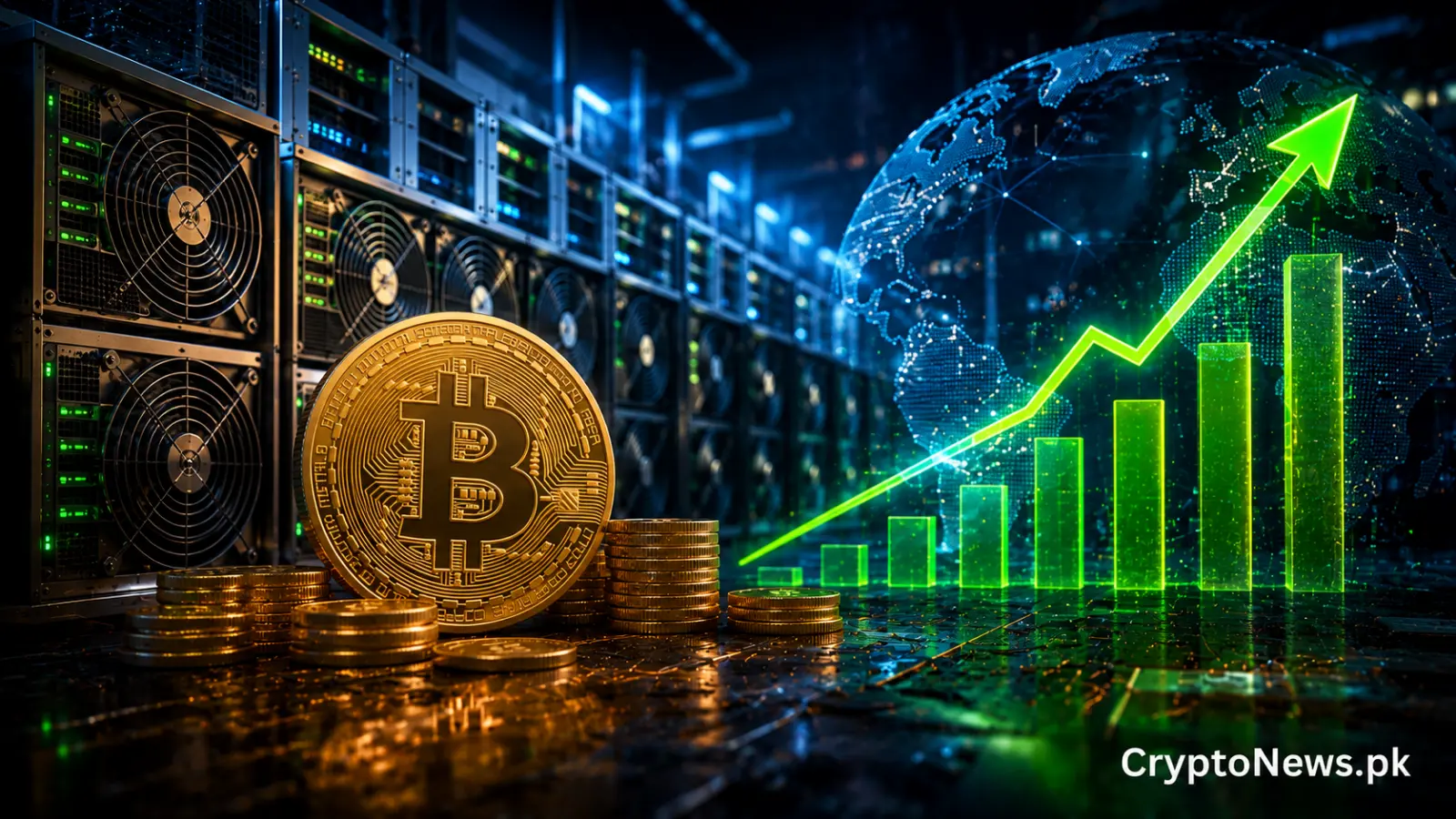 Bitcoin mining servers and a rising production chart illustrate Bitdeer Technologies’ nearly fivefold increase in Q2 mining output to 2,694 BTC.