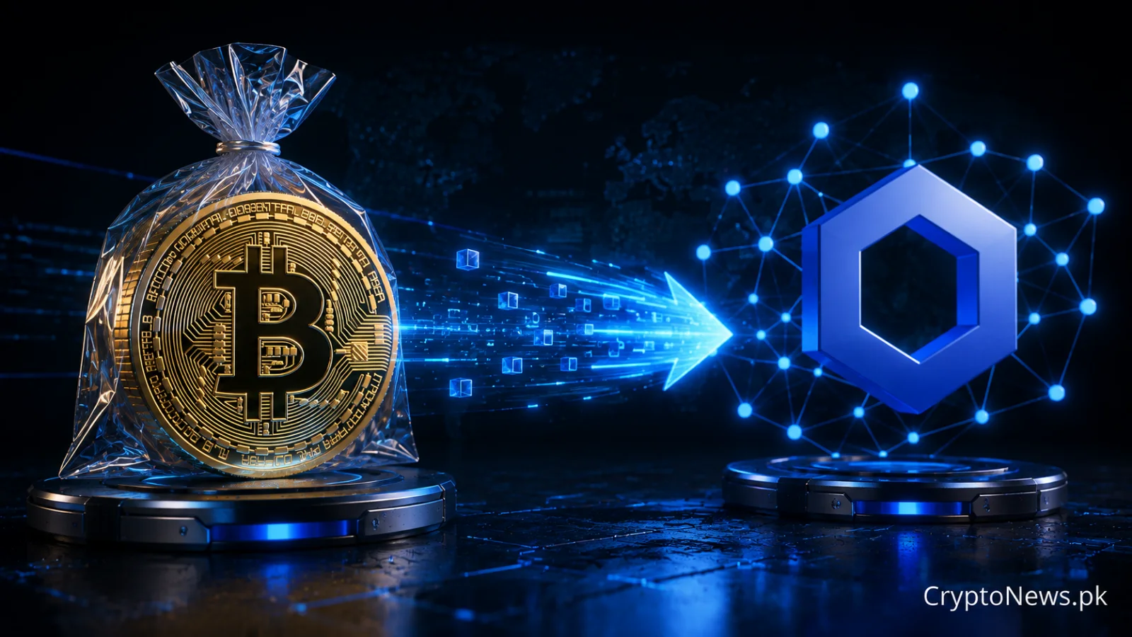 A metallic Wrapped Bitcoin coin crossing a glowing Chainlink bridge, symbolizing BitGo’s $7.4 billion infrastructure migration.