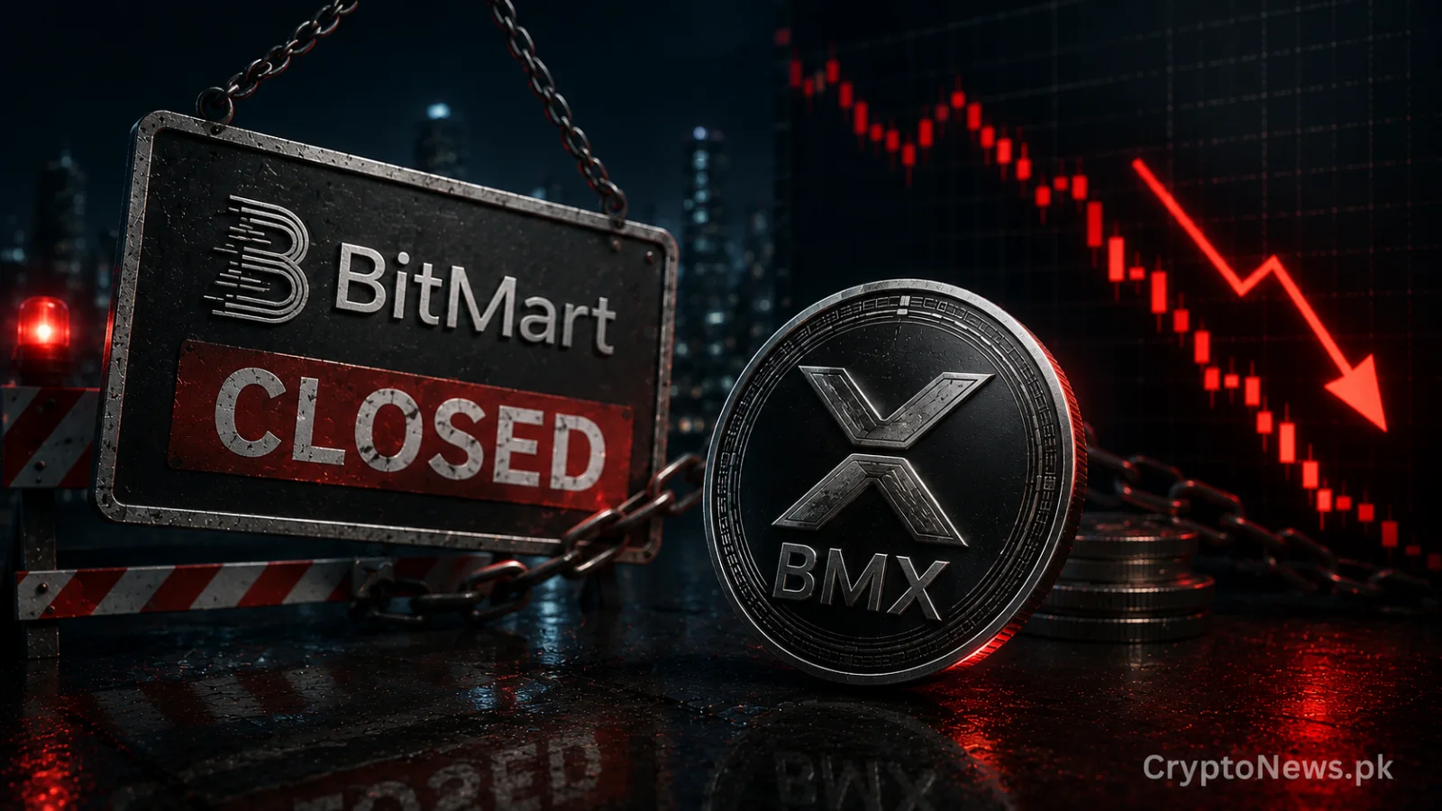 Cracked BMX token beside a closing exchange vault, symbolizing BitMart’s shutdown and sharp market decline.
