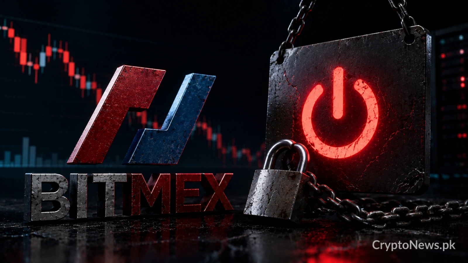Chained crypto trading shutdown panel with a red power symbol, representing BitMEX ending operations on September 23
