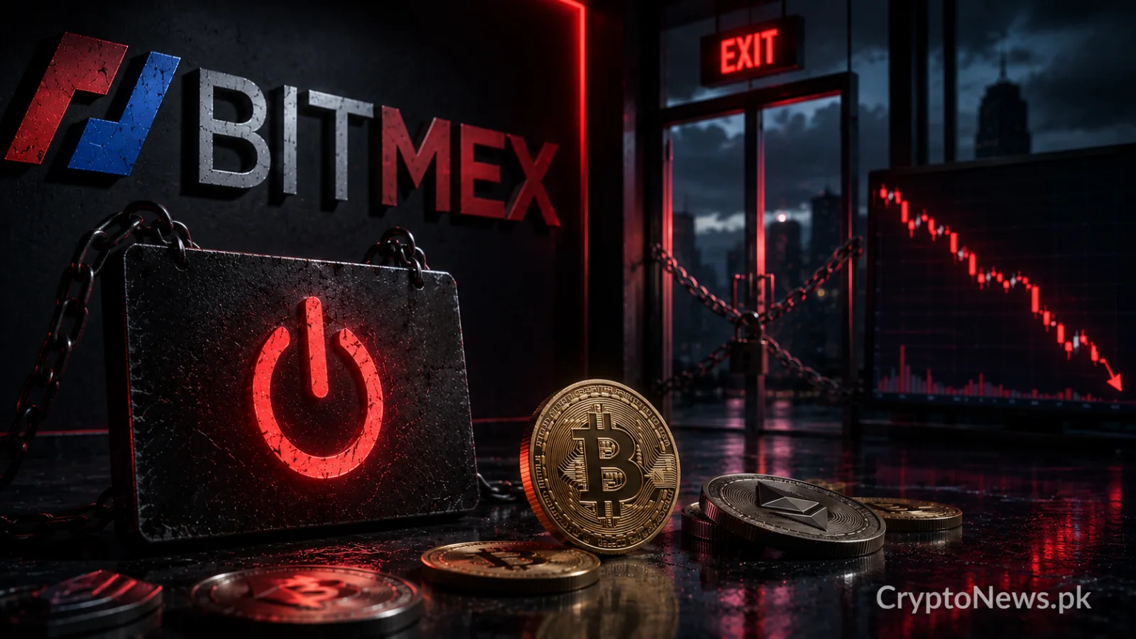 Bitcoin beside a chained shutdown panel and declining derivatives chart, representing BitMEX ending operations in September 2026