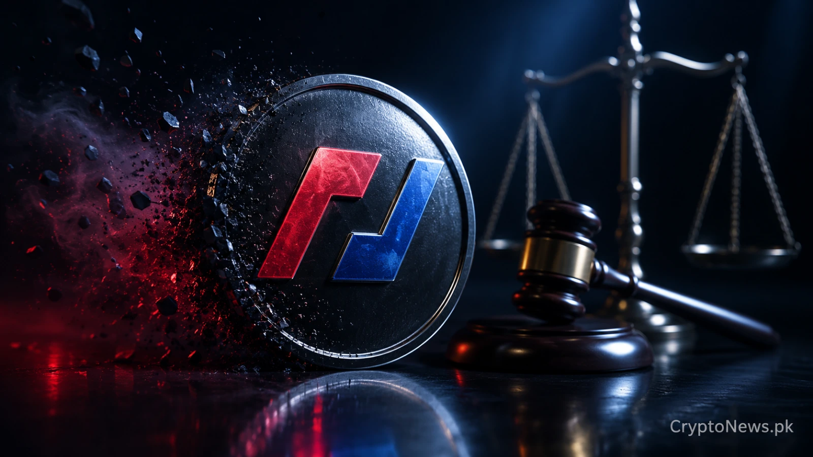 A metallic crypto exchange emblem trapped by a forged chain and regulatory gavel, symbolizing BitMEX’s exit and growing market consolidation