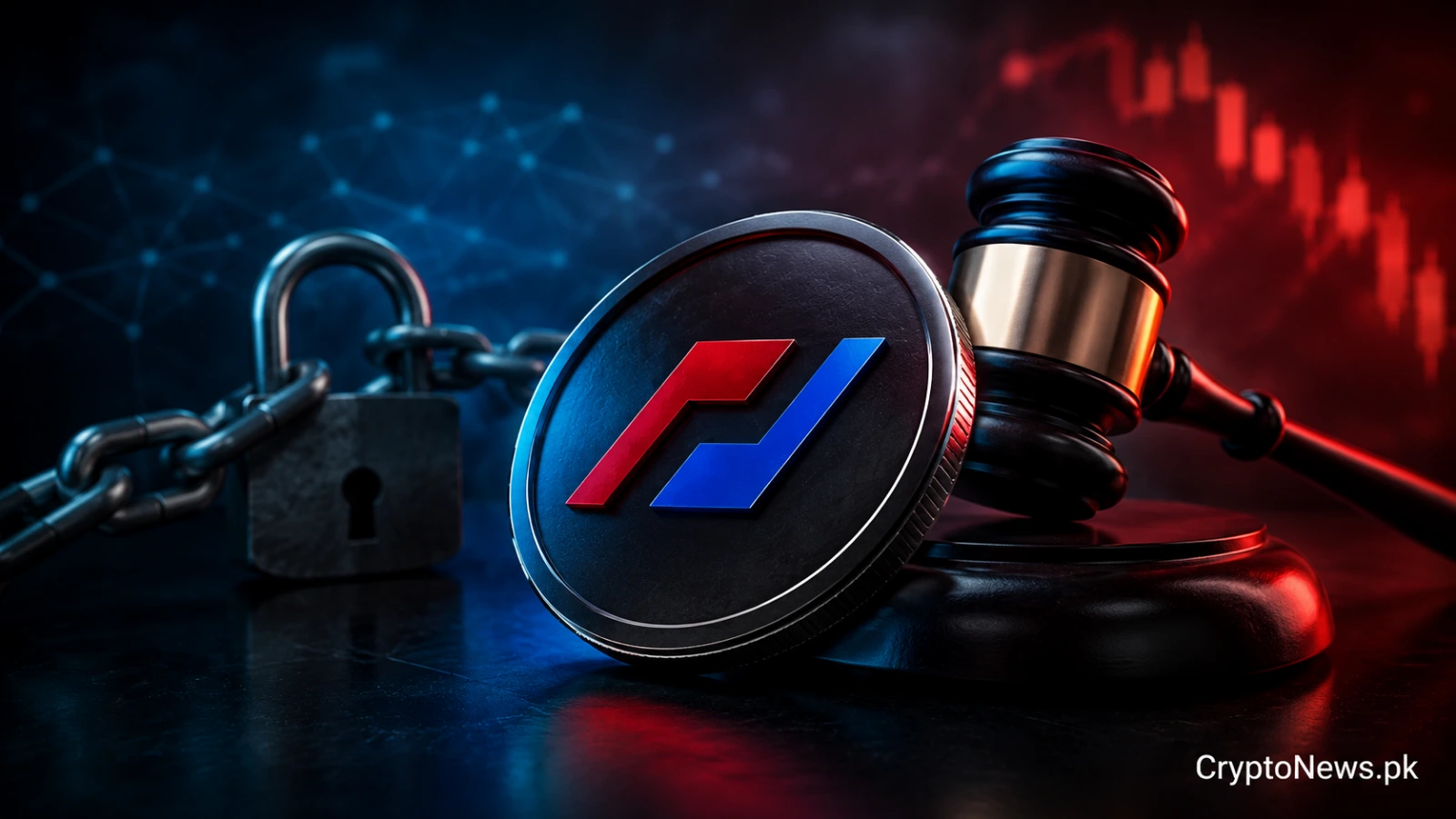 Bitcoin coin restrained by a judge’s gavel and broken exchange infrastructure, symbolizing the BitMEX lawsuit and platform shutdown