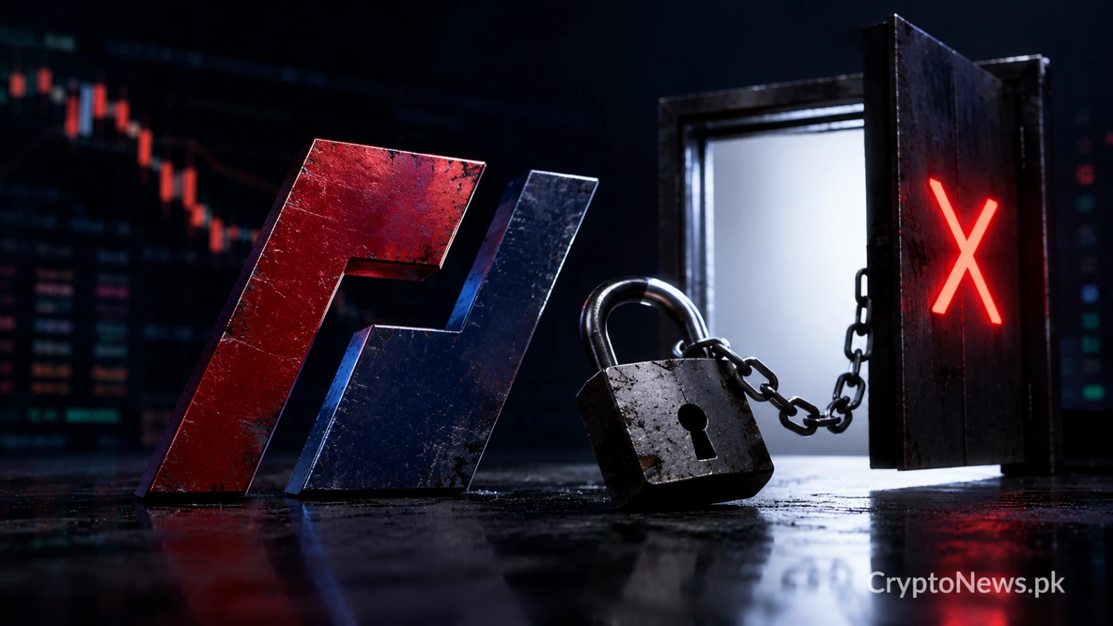 Dark crypto exchange scene with a locked exit and falling market chart symbolizing the BitMEX shutdown.