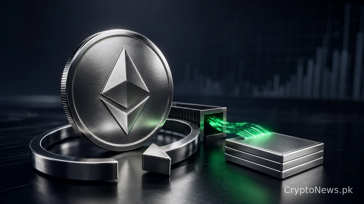 Silver Ethereum coin in a capital-return loop illustrating BitMine’s shift toward share buybacks.