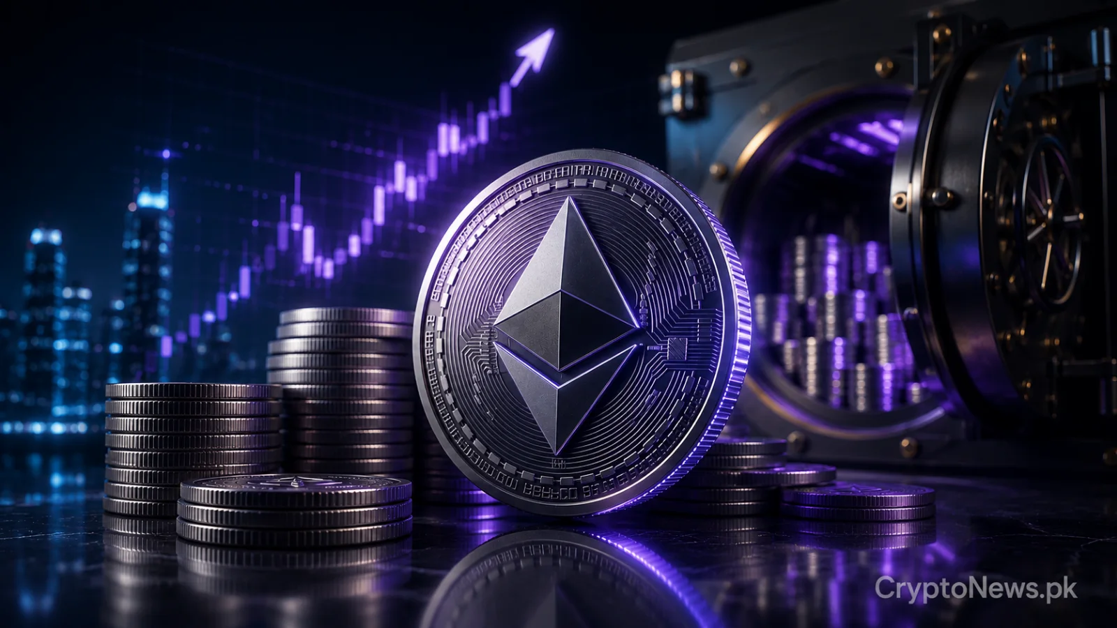 Silver Ethereum coin beside a glowing staking vault and validator network, symbolizing Bitmine’s expanding ETH holdings and long-term institutional commitment.