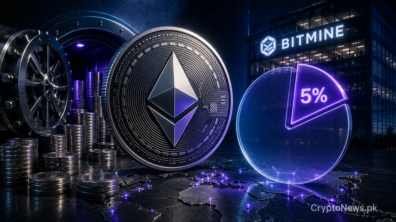 Massive silver Ethereum coin beside a nearly full supply gauge and staking vault, symbolizing Bitmine’s approach to controlling five percent of ETH supply.