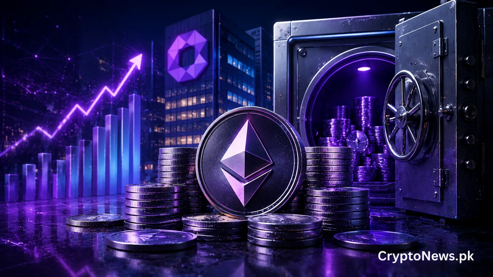 Ethereum coin beside an institutional vault and rising market chart, illustrating Bitmine’s $14 million ETH purchase as it moves closer to its 5% supply ownership target.