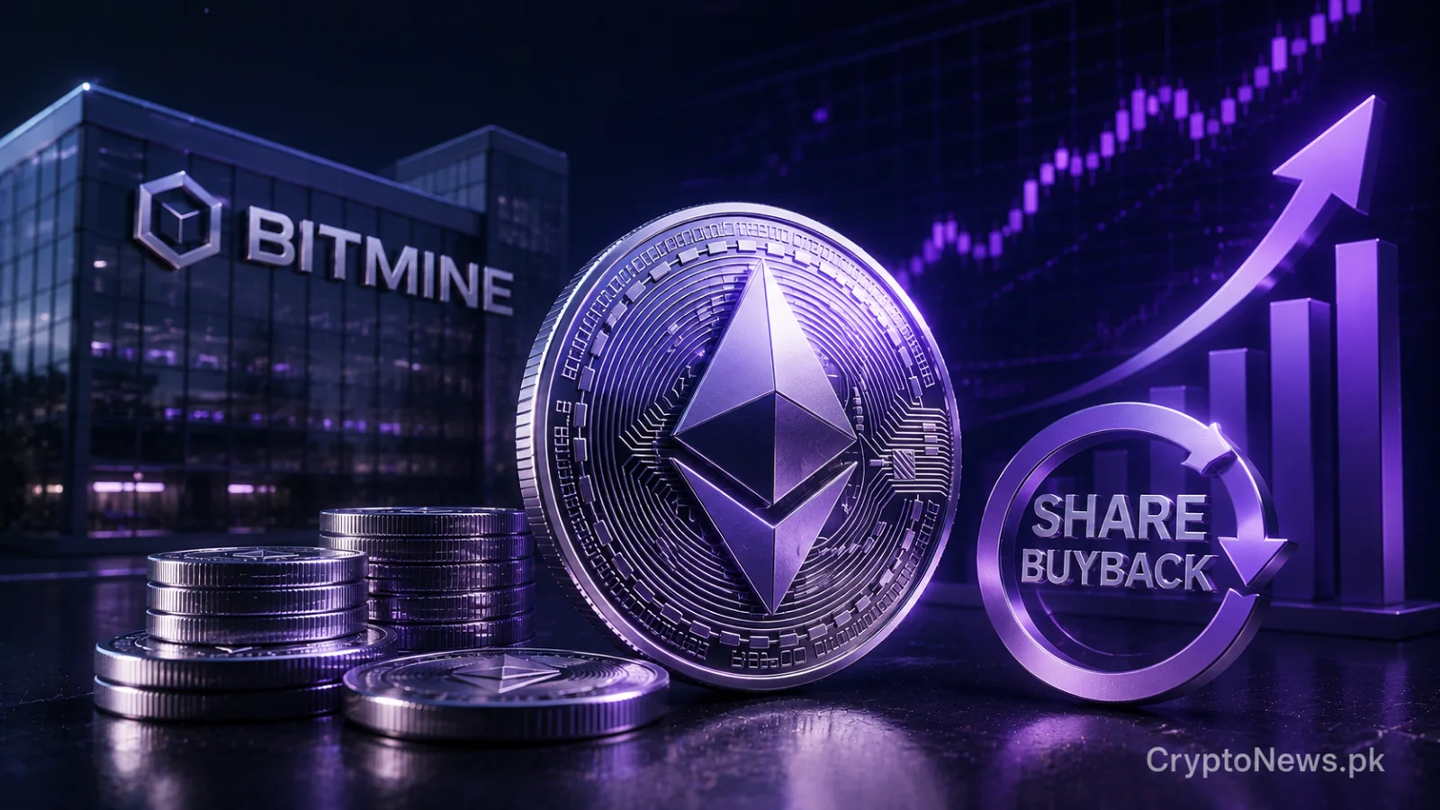 Silver Ethereum coin beside an institutional vault and circular share buyback mechanism, symbolizing Bitmine’s expanding ETH treasury and multi-billion-dollar repurchase program.