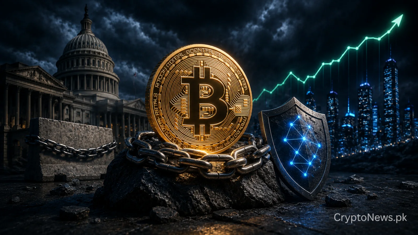 crypto shield with Bitcoin and Ethereum symbols standing firm beside a stalled legislative gavel, illustrating industry resilience amid US regulatory delays.