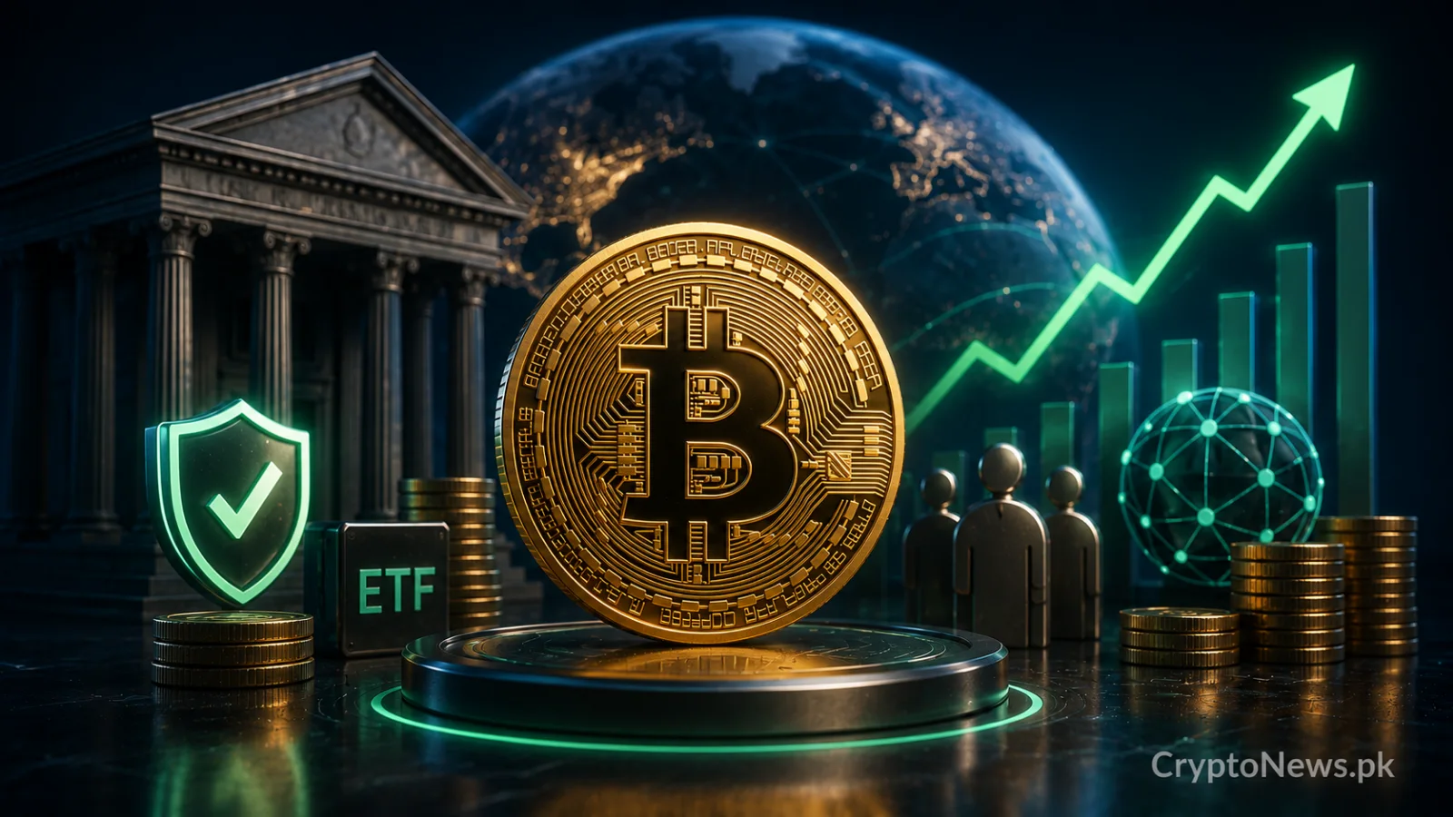 ایک سنہری Bitcoin، ادارہ جاتی مالیات، عالمی بلاک چین انفراسٹرکچر اور اگلی کرپٹو سائیکل کو ظاہر کرنے والا بڑھتا ہوا مارکیٹ چارٹ