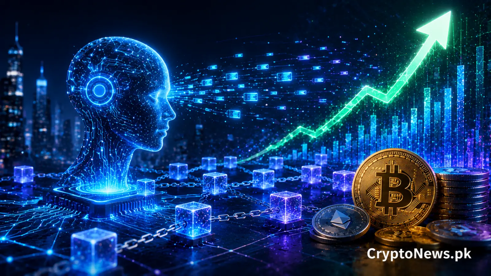AI-driven blockchain network with rising transaction activity and crypto assets, illustrating Bitwise’s forecast of massive growth in machine-powered on-chain transactions.