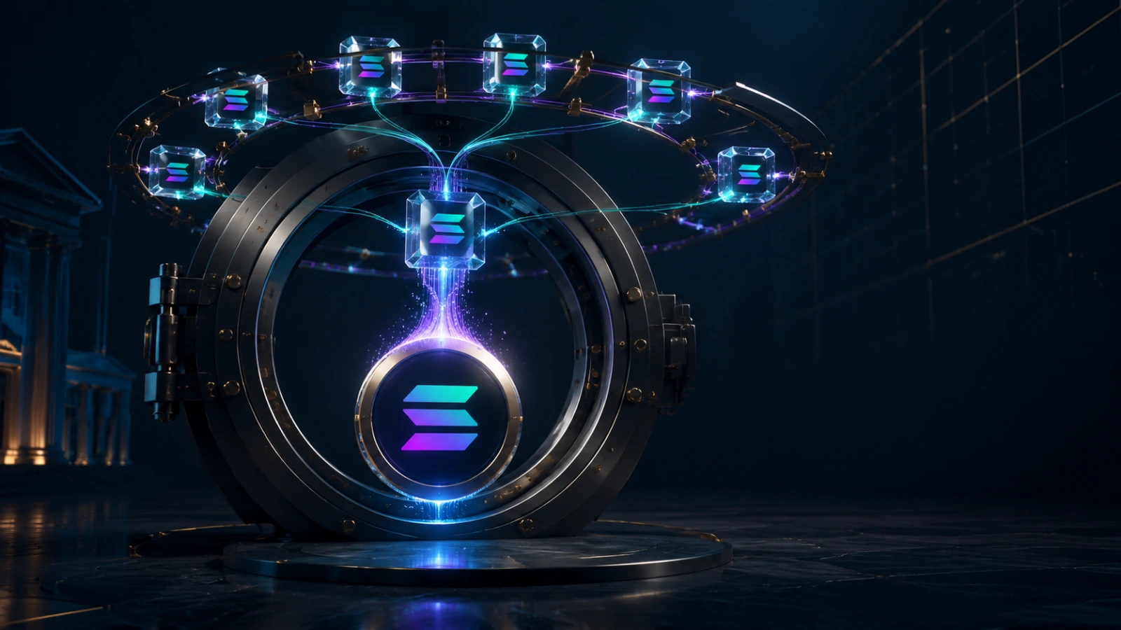 Solana staking ETF shares tokenized through secure institutional blockchain infrastructure.