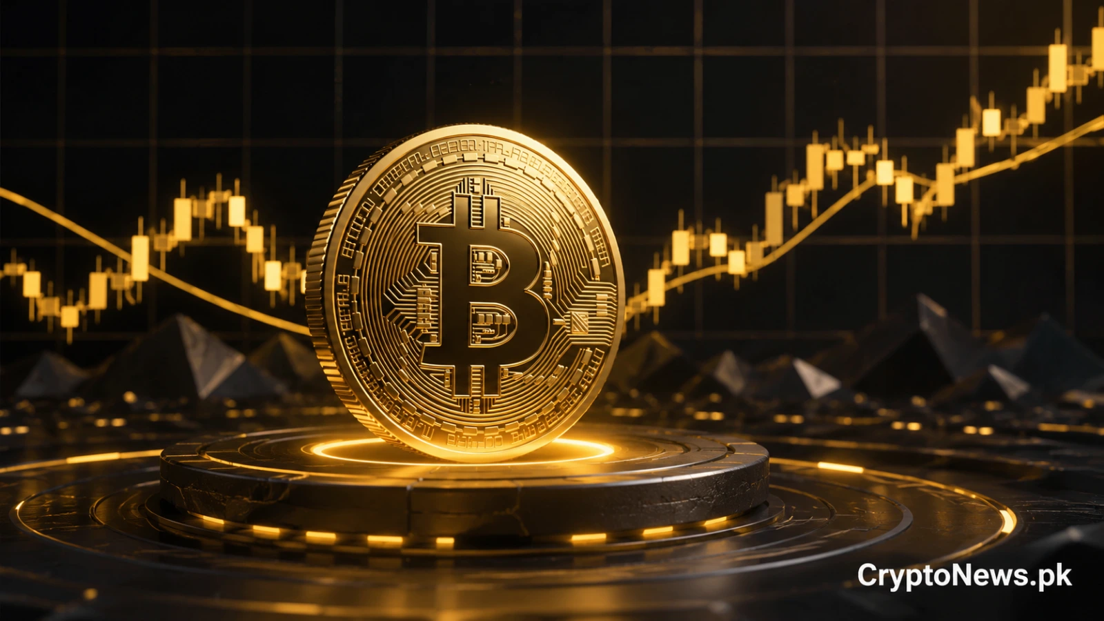 Bitcoin coin with a stabilizing market chart, illustrating BlackRock’s view that Bitcoin has strengthened after a major correction.