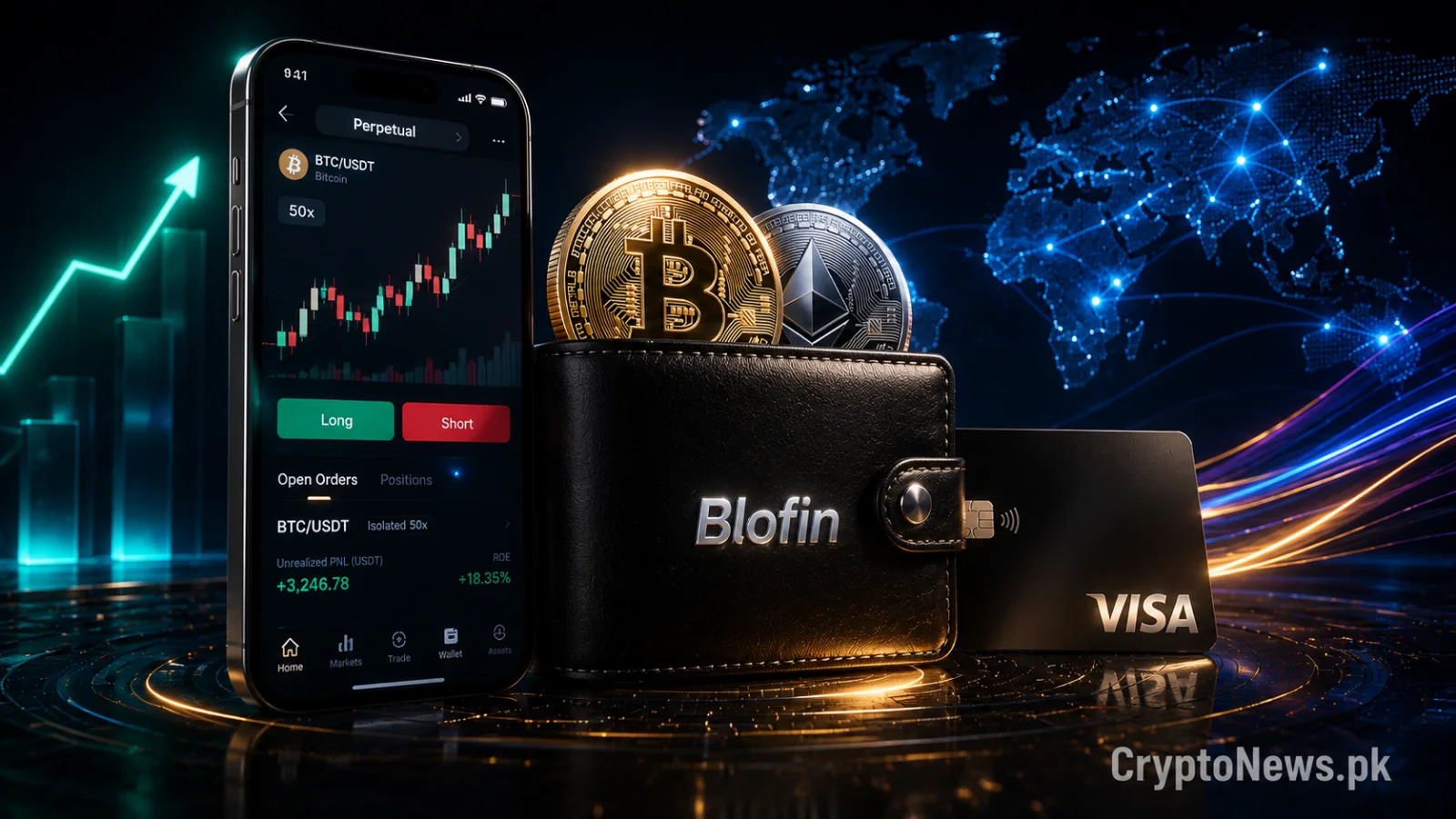 Futuristic crypto wallet smartphone with trading charts and a payment card, representing BloFin perpetual trading and Visa integration.