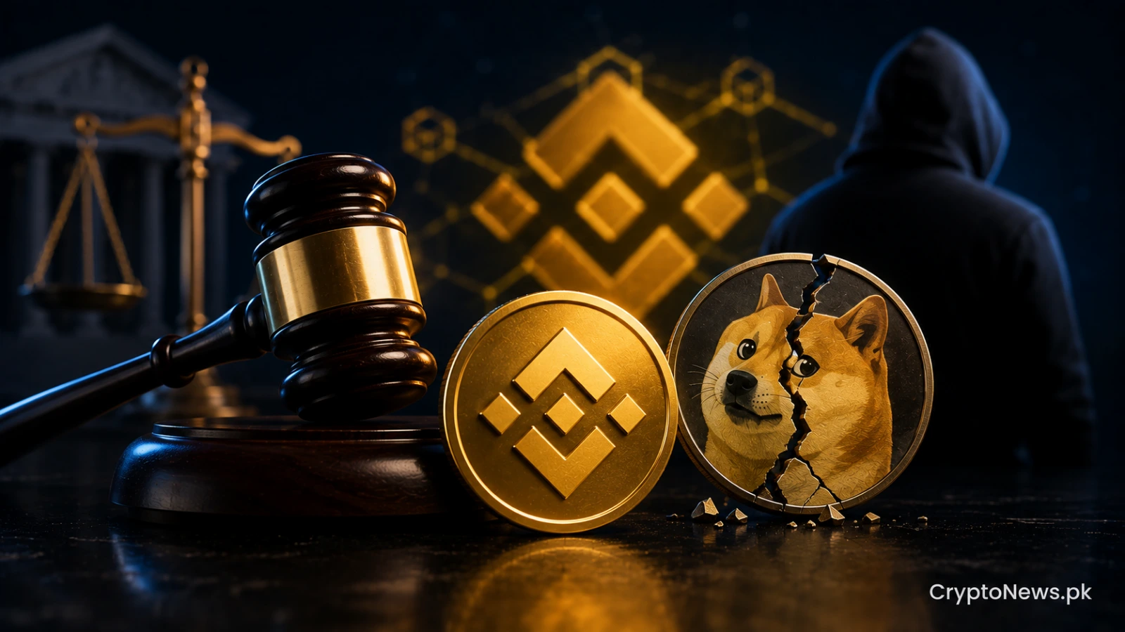 A metallic BNB coin beside a locked developer wallet and judge’s gavel, symbolizing legal action over the ASTEROID meme coin launch
