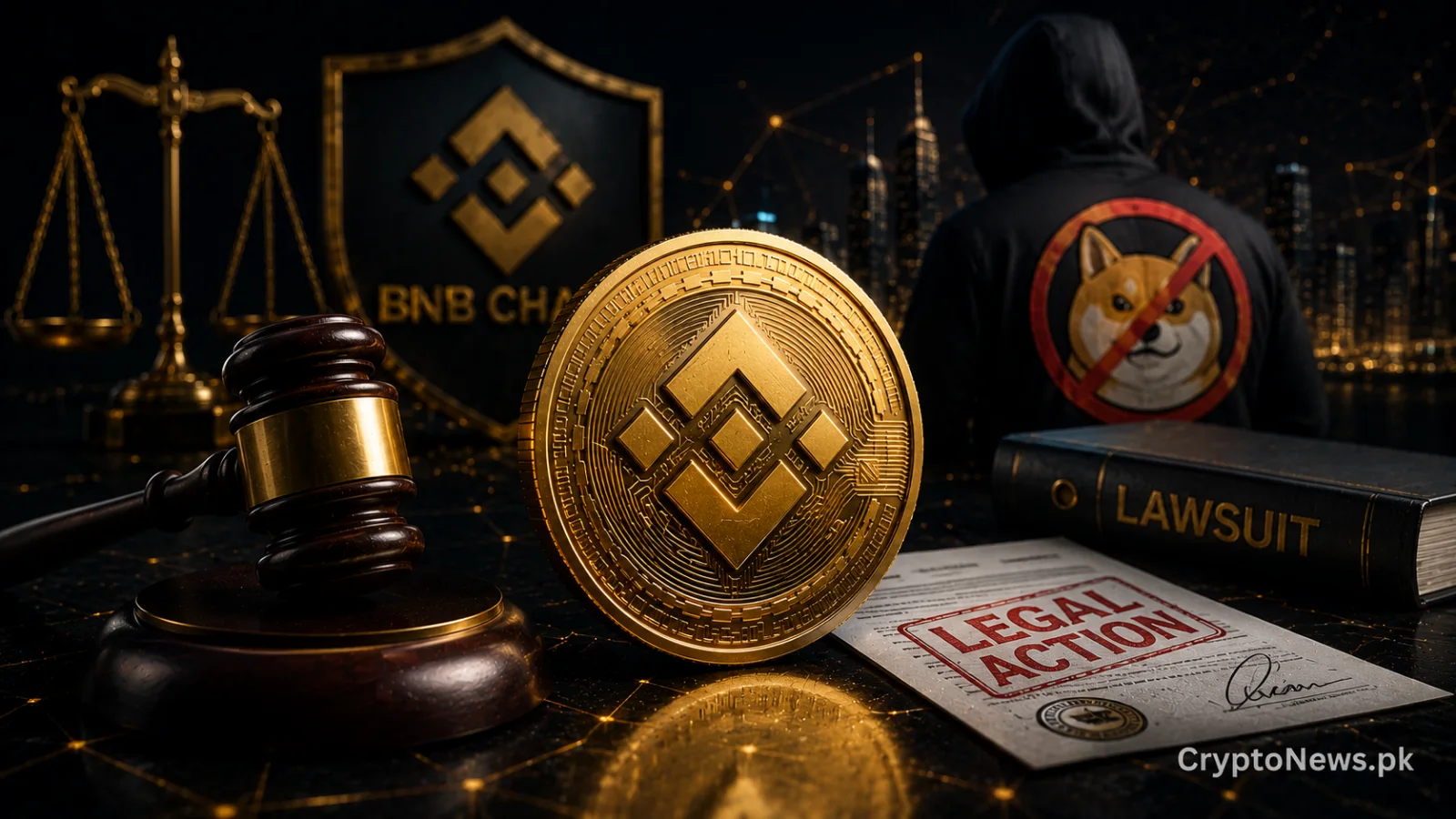Gold BNB coin beside a judge’s gavel and blocked memecoin symbol, illustrating BNB Chain’s legal action over an unauthorized token launch