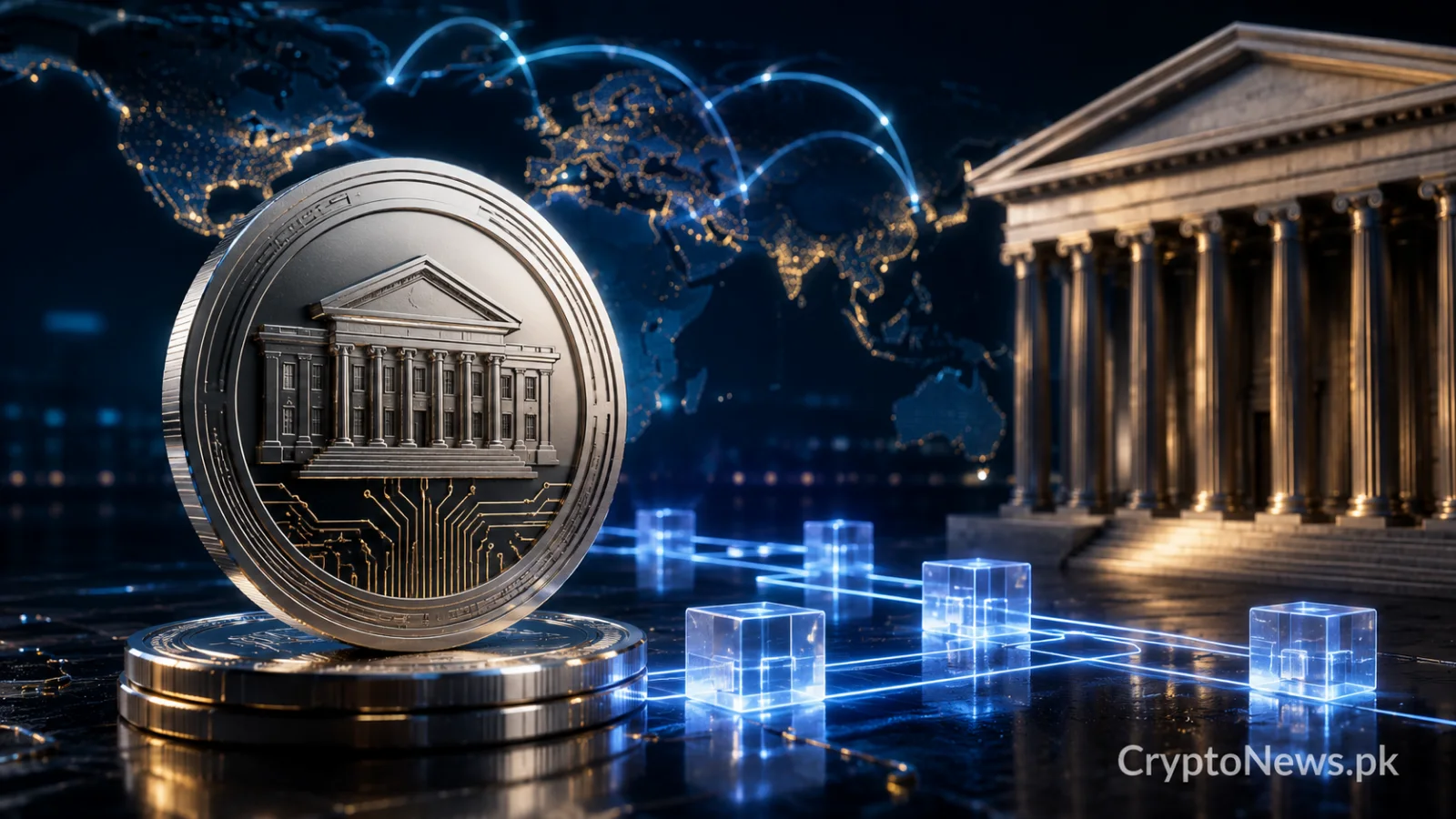 Tokenized U.S. Treasury coin connected to a global blockchain network, representing BNY Mellon’s 24/7 settlement trials.