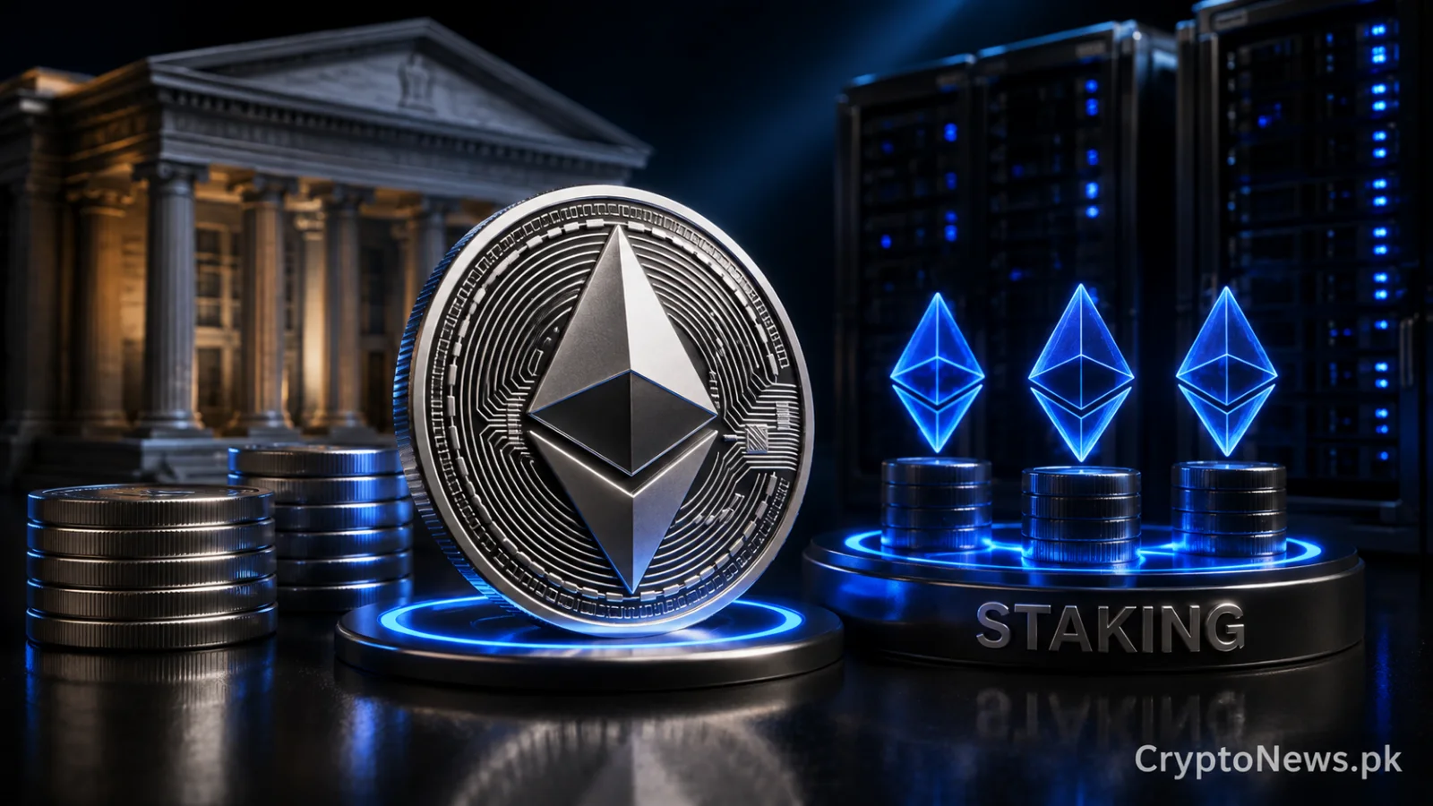 Premium 3D Ethereum staking concept illustrating BNY and Galaxy Digital bringing secure crypto staking services to institutional investors.