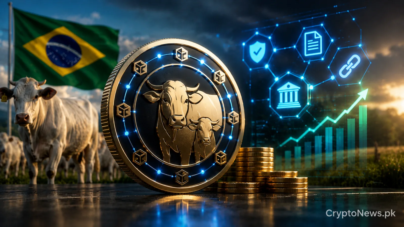 A metallic cattle-backed digital token beside a dairy cow and glowing blockchain links, symbolizing Brazilian farmers using tokenized livestock to secure credit.