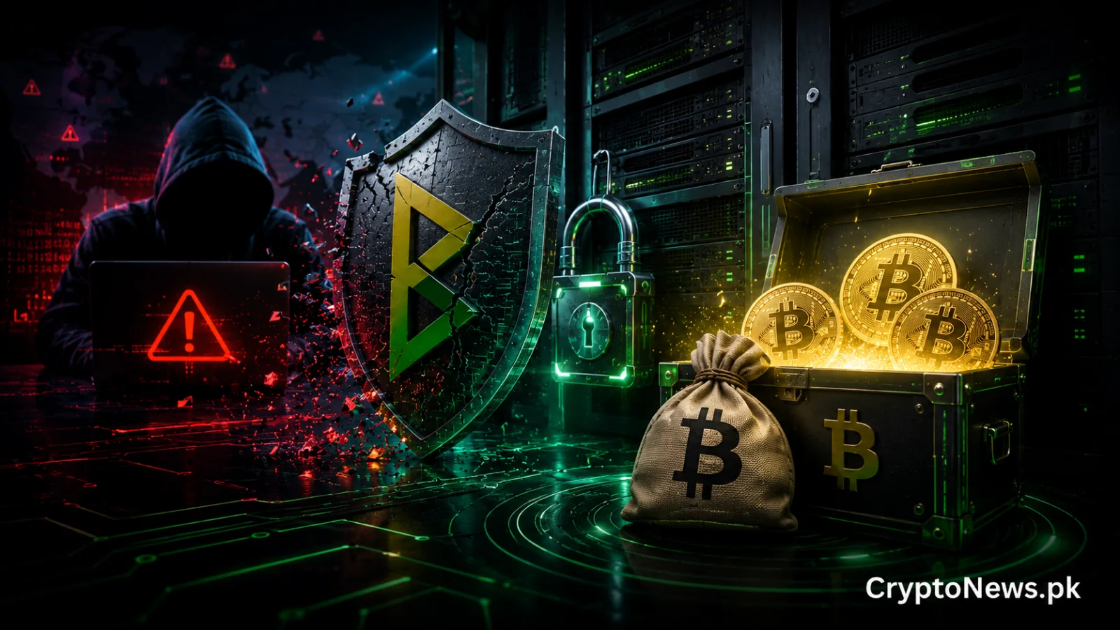 ایک ٹوٹی ہوئی ڈیجیٹل ڈھال، ہیکر کا سایہ، سرور انفراسٹرکچر اور Bitcoin کے اثاثوں کے ذریعے BTCPay سرور کی سیکیورٹی کی خلاف ورزی کی عکاسی