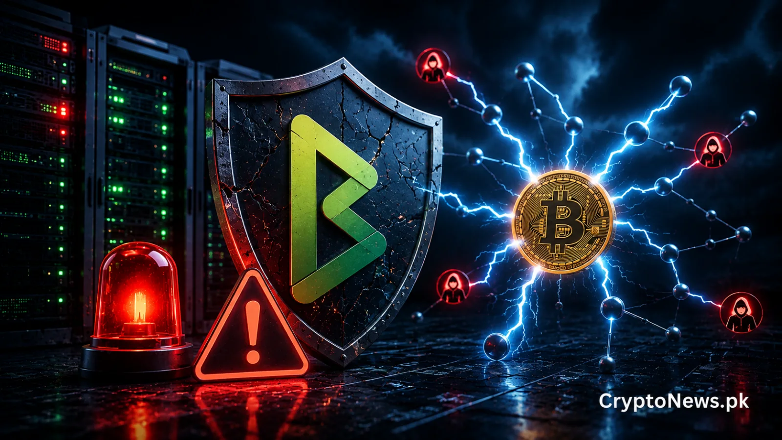 Bitcoin Lightning Network security alert illustrated by a cracked digital shield, server infrastructure, and cyberattack nodes highlighting an urgent BTCPay Server security update.