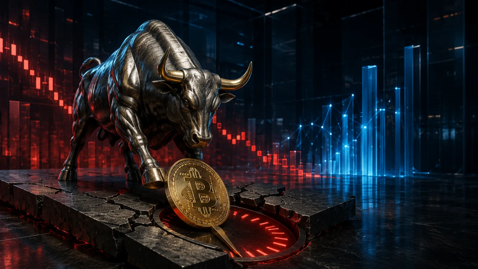 Metallic bull and falling Bitcoin illustrate Bullish Exchange’s quarterly loss amid volatile markets.