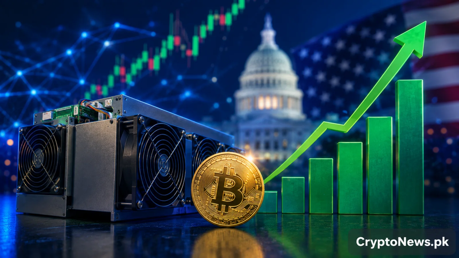An ASIC Bitcoin mining machine beside a gold Bitcoin coin and rising market bars, with US political imagery in the background, illustrating Canaan shares surging on pro-crypto political momentum.