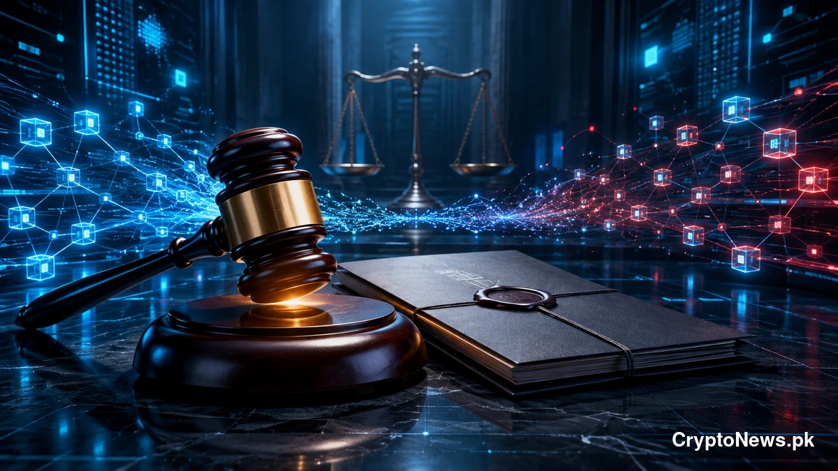 Judge’s gavel and sealed contract surrounded by competing blockchain analytics networks.