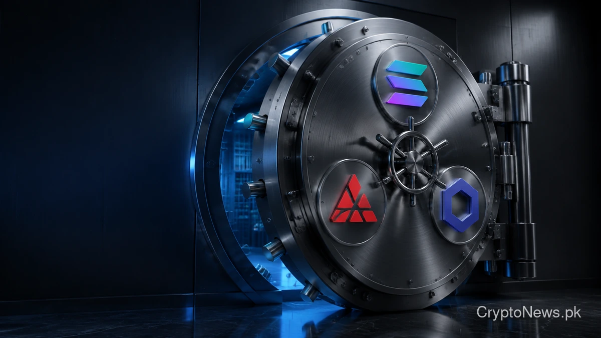 Institutional vault featuring Solana, Avalanche, and Chainlink tokens as Charles Schwab expands its crypto offering.