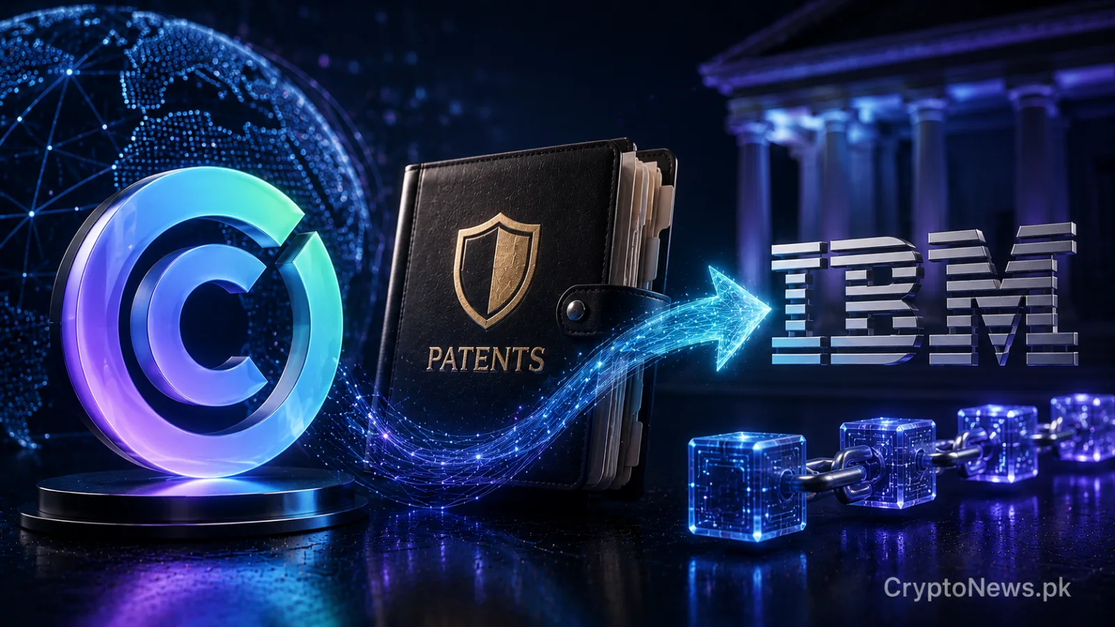 Silver USDC coin inside a secure digital patent vault, symbolizing Circle’s acquisition of IBM blockchain patents and strengthened stablecoin infrastructure.