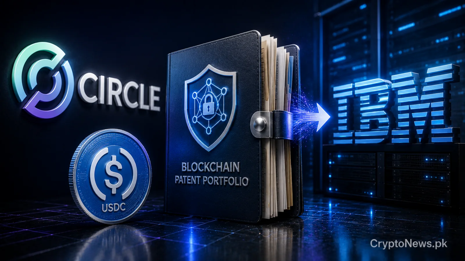 Silver USDC coin inside a secure digital patent vault, symbolizing Circle’s acquisition of IBM blockchain patents to strengthen stablecoin infrastructure.