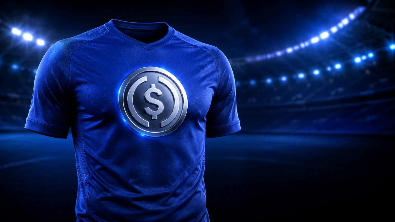 USDC medallion on a blue football shirt representing Circle’s Chelsea FC sponsorship.